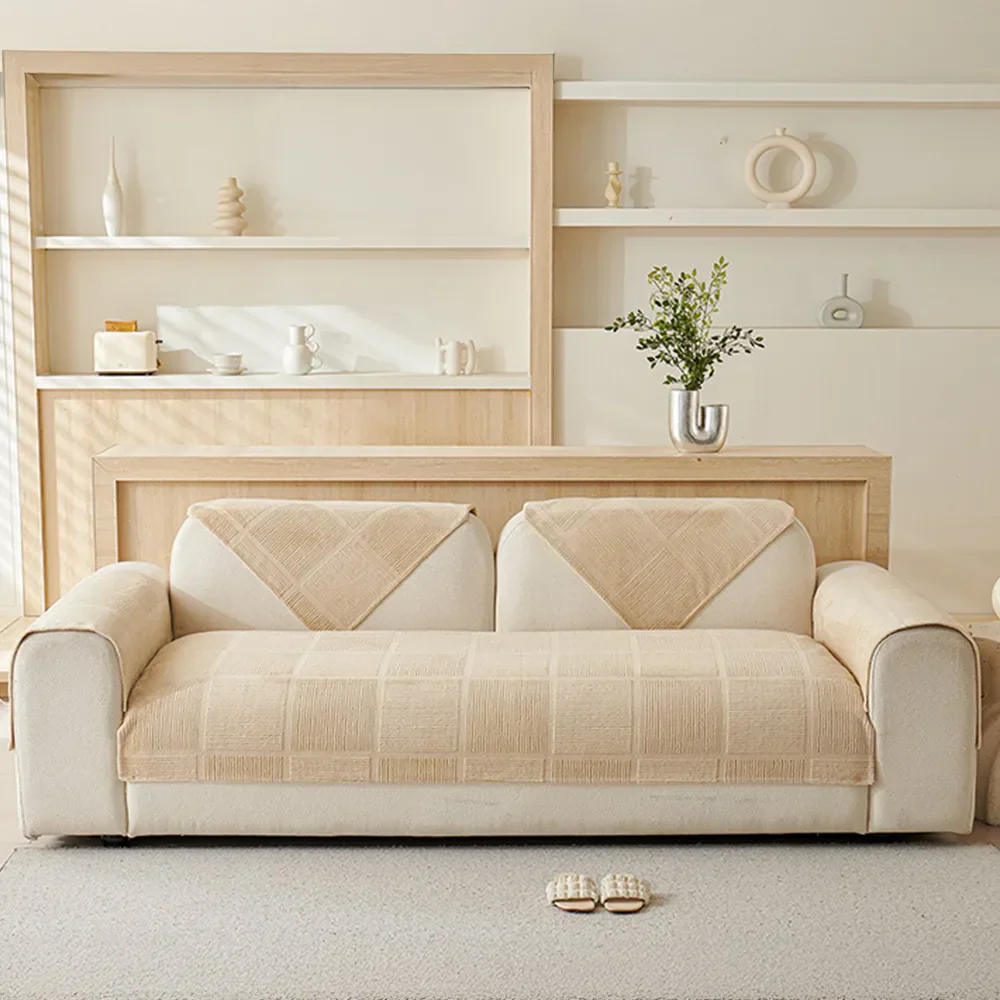 Plush Cream Geometric All Seasons Non-Slip Couch Cover - Image 9