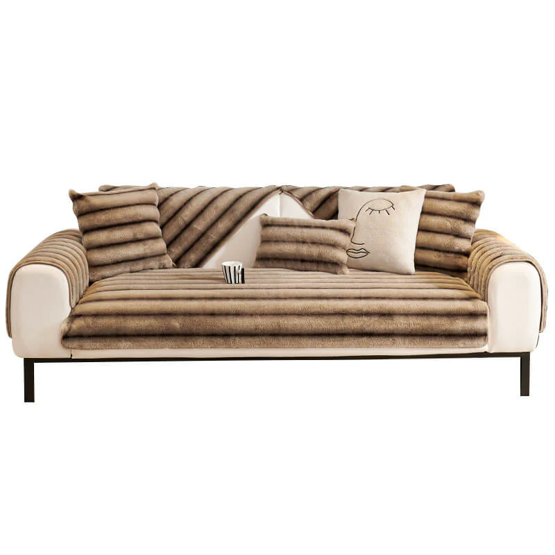 Striped Faux Rabbit Fur Sofa Protector Durable And Stain-Resistant Couch Cover - Image 11