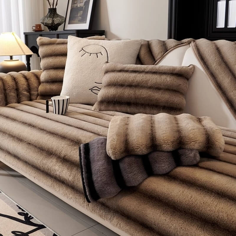 Striped Faux Rabbit Fur Sofa Protector Durable And Stain-Resistant Couch Cover - Image 4