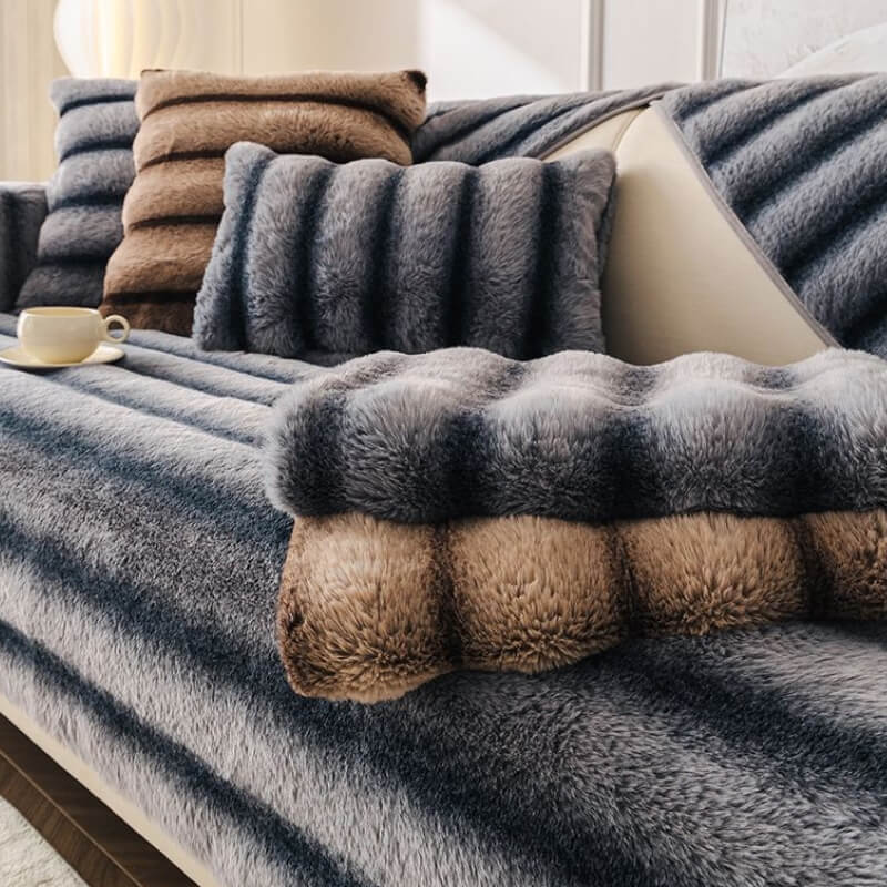 Striped Faux Rabbit Fur Sofa Protector Durable And Stain-Resistant Couch Cover - Image 7