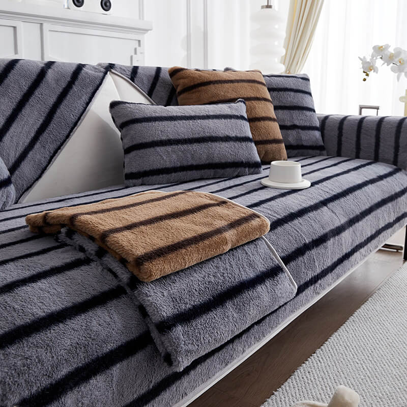 Striped Faux Rabbit Fur Sofa Protector Durable And Stain-Resistant Couch Cover - Image 8