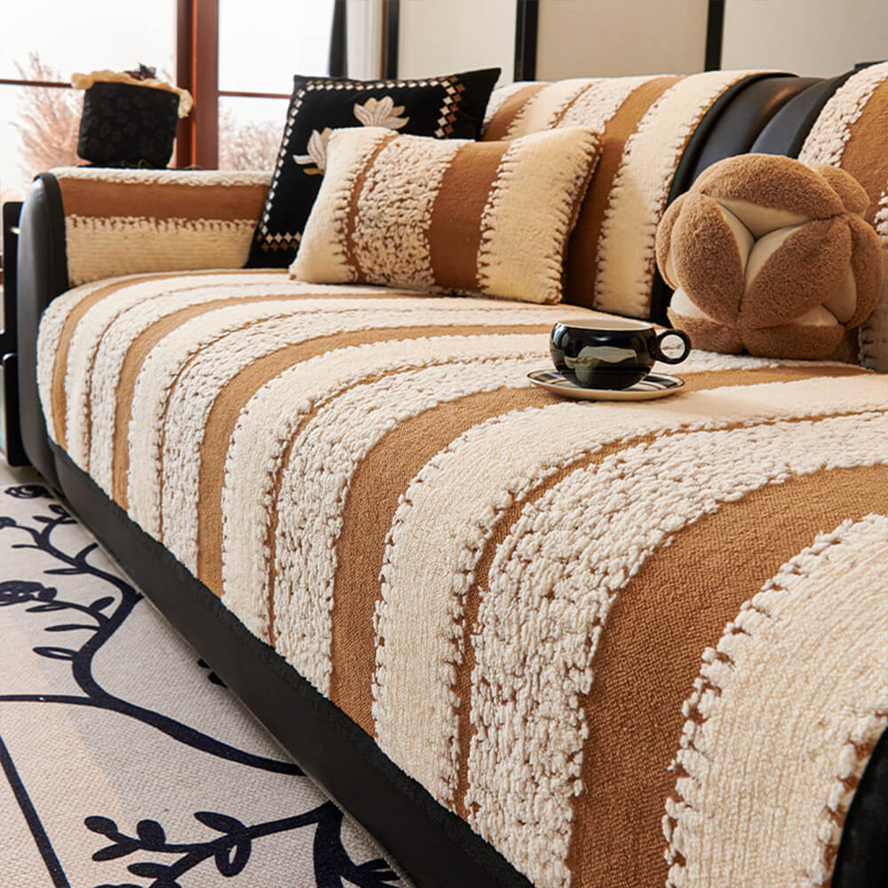 Striped Plush Chenille Thickened Cushion Protector Non-Slip Couch Cover - Image 10