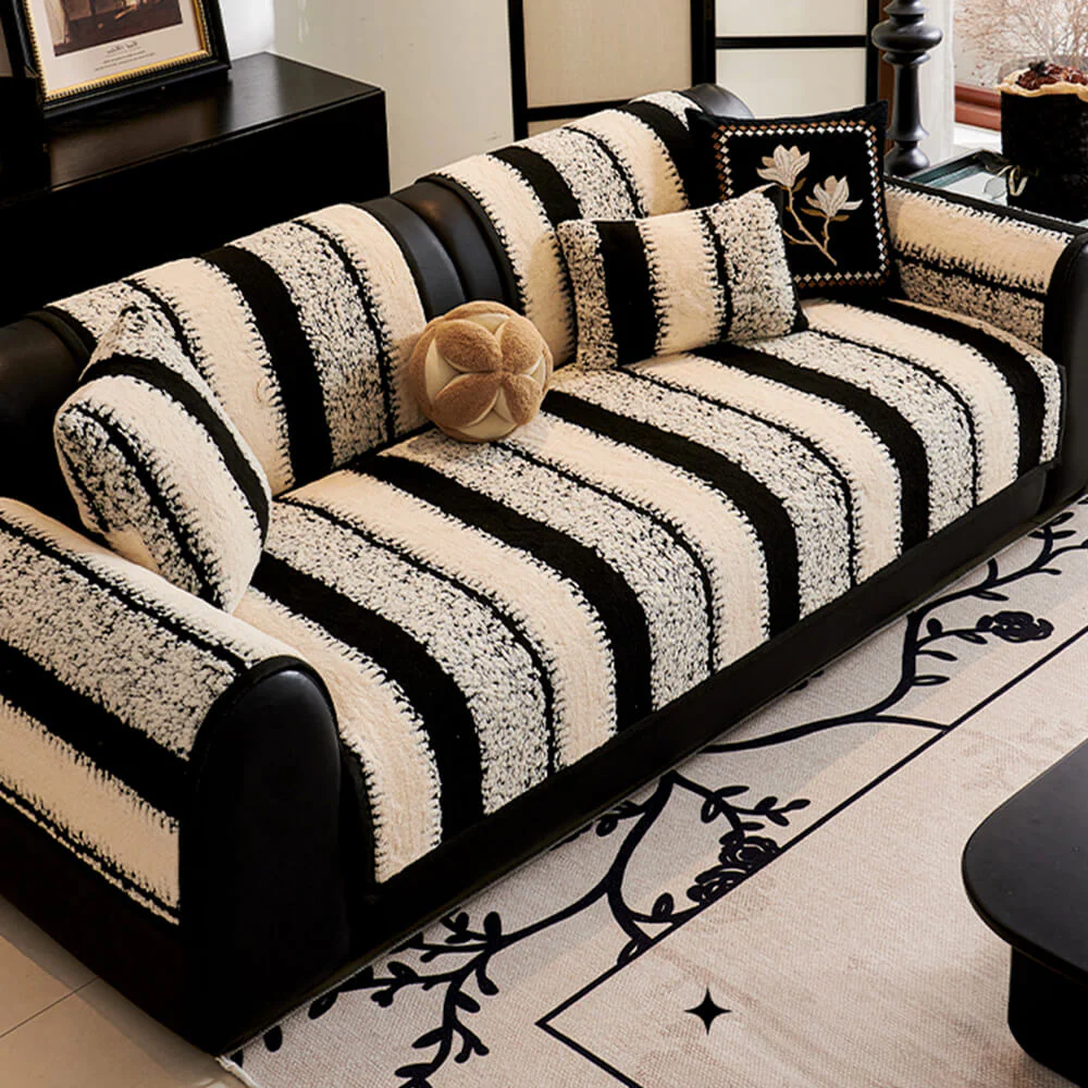 Striped Plush Chenille Thickened Cushion Protector Non-Slip Couch Cover - Image 3