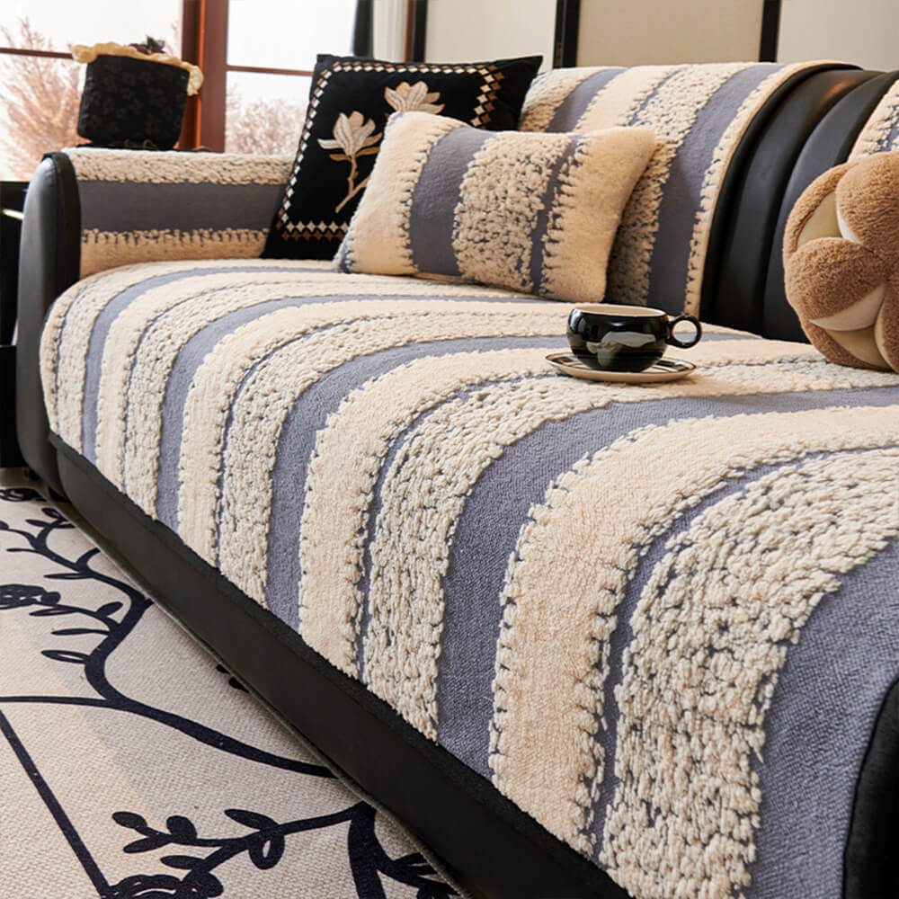 Striped Plush Chenille Thickened Cushion Protector Non-Slip Couch Cover - Image 9