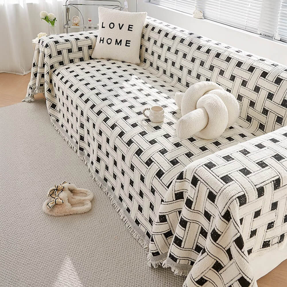 Stylish Chequered Fringed Tassel Chenille Sofa Protector Throw Couch Cover - Image 11