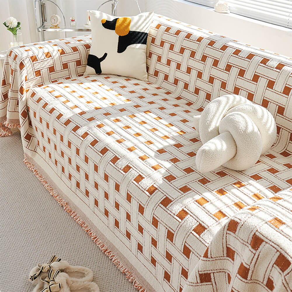 Stylish Chequered Fringed Tassel Chenille Sofa Protector Throw Couch Cover - Image 12