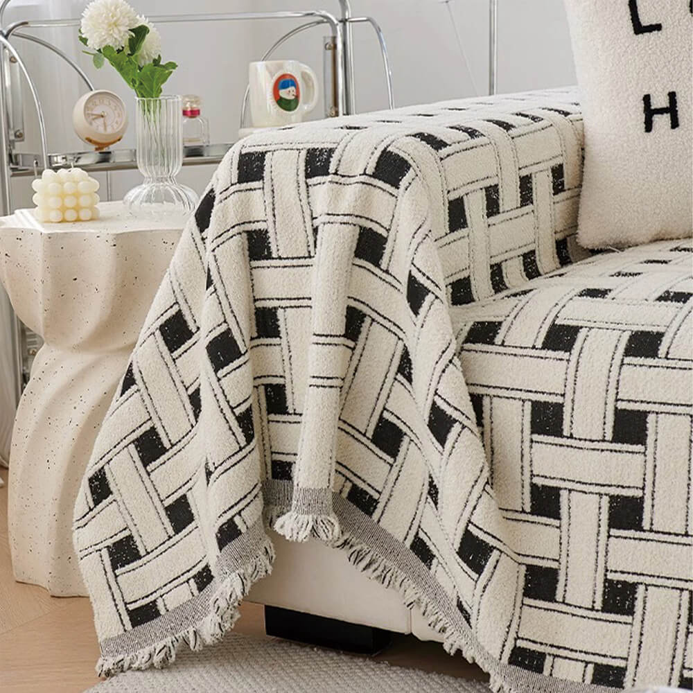 Stylish Chequered Fringed Tassel Chenille Sofa Protector Throw Couch Cover - Image 2
