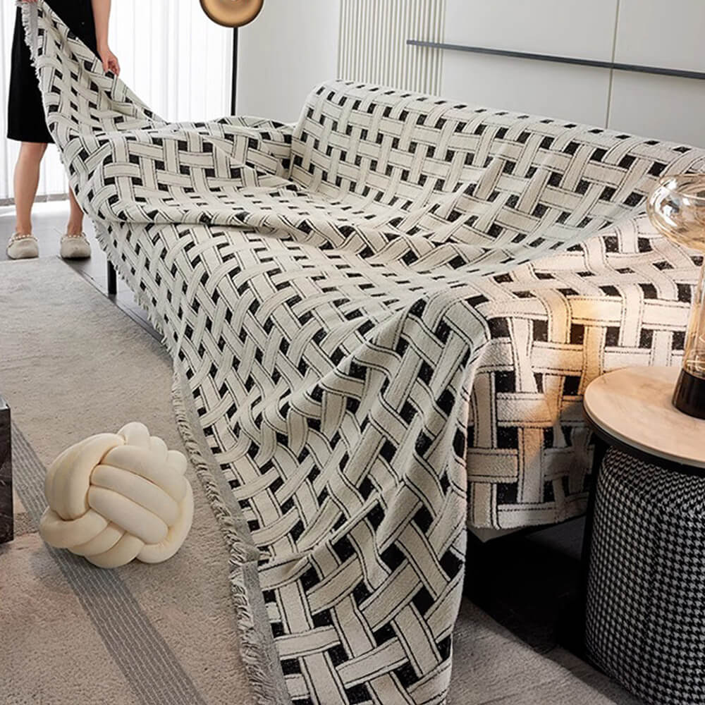 Stylish Chequered Fringed Tassel Chenille Sofa Protector Throw Couch Cover - Image 3