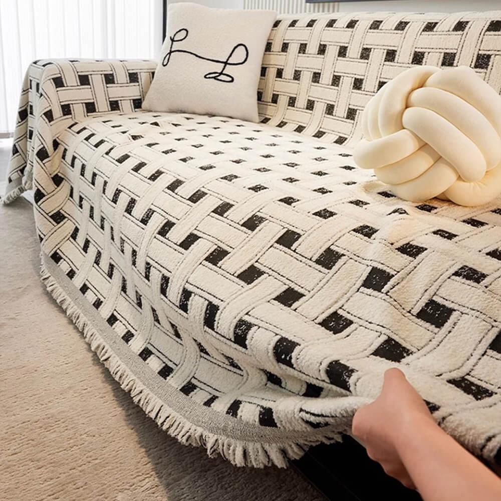 Stylish Chequered Fringed Tassel Chenille Sofa Protector Throw Couch Cover - Image 6