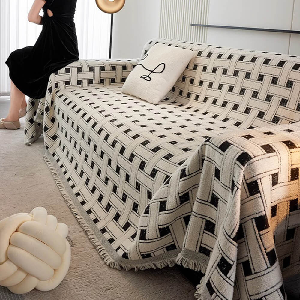 Stylish Chequered Fringed Tassel Chenille Sofa Protector Throw Couch Cover - Image 7