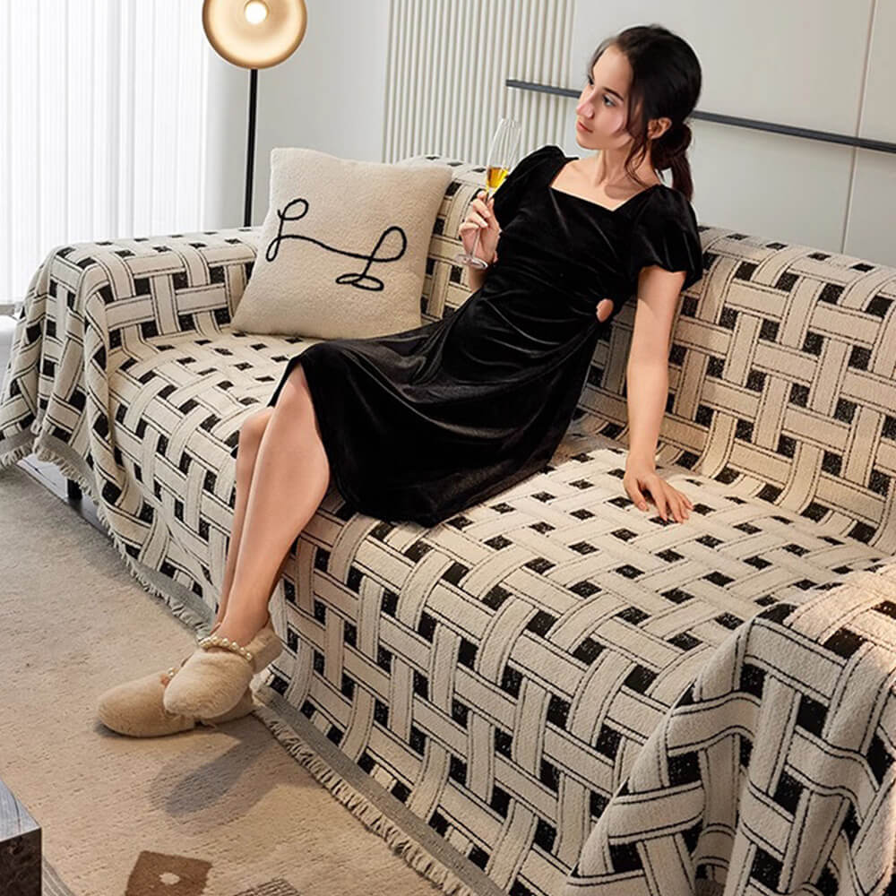 Stylish Chequered Fringed Tassel Chenille Sofa Protector Throw Couch Cover - Image 8