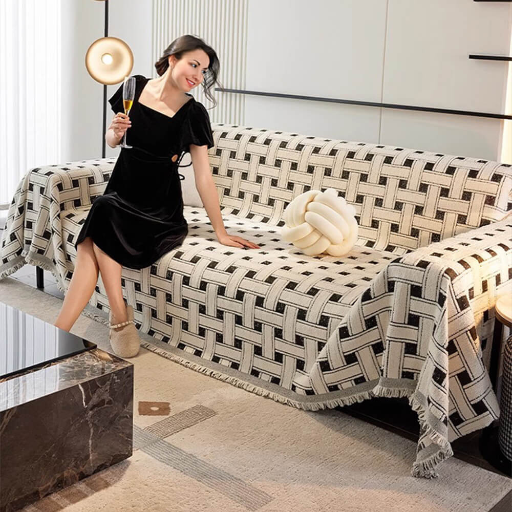 Stylish Chequered Fringed Tassel Chenille Sofa Protector Throw Couch Cover - Image 9