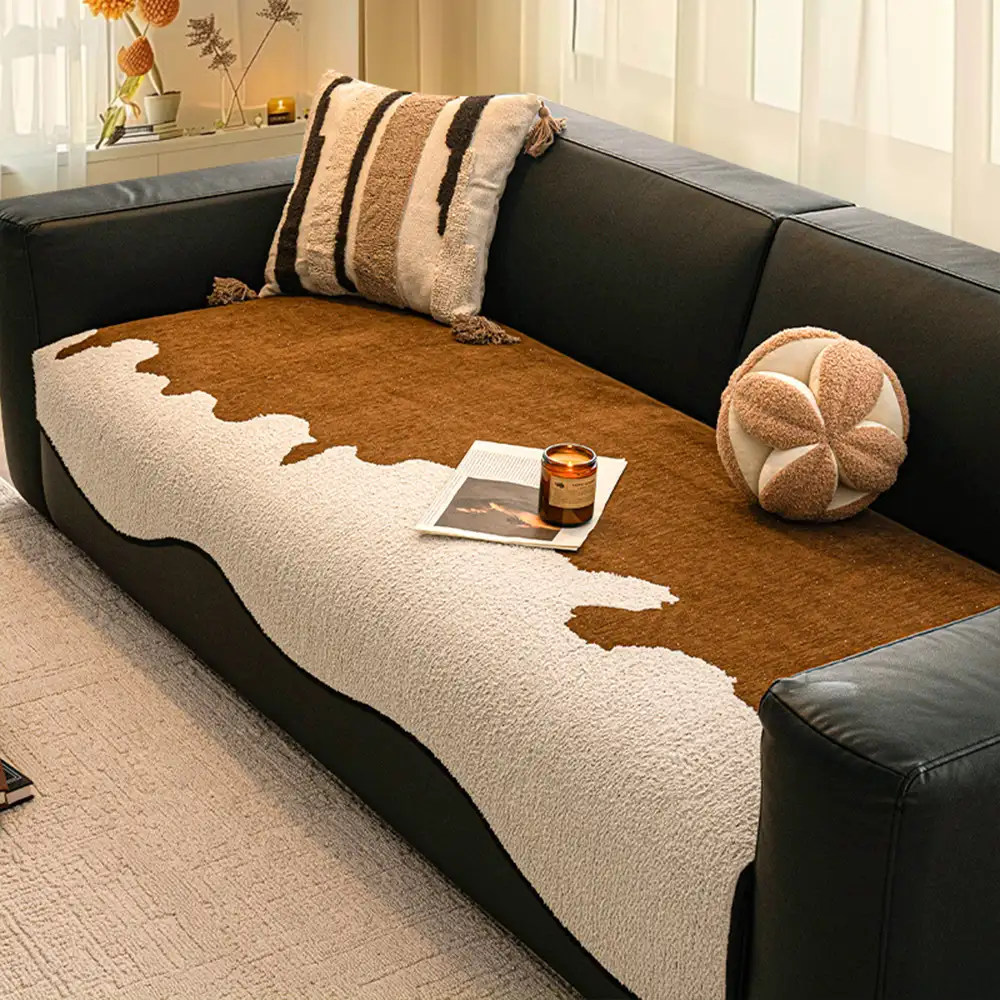 Stylish Irregular Contrast Chenille Scratch-Resistant Non-Slip Couch Cover - Image 3