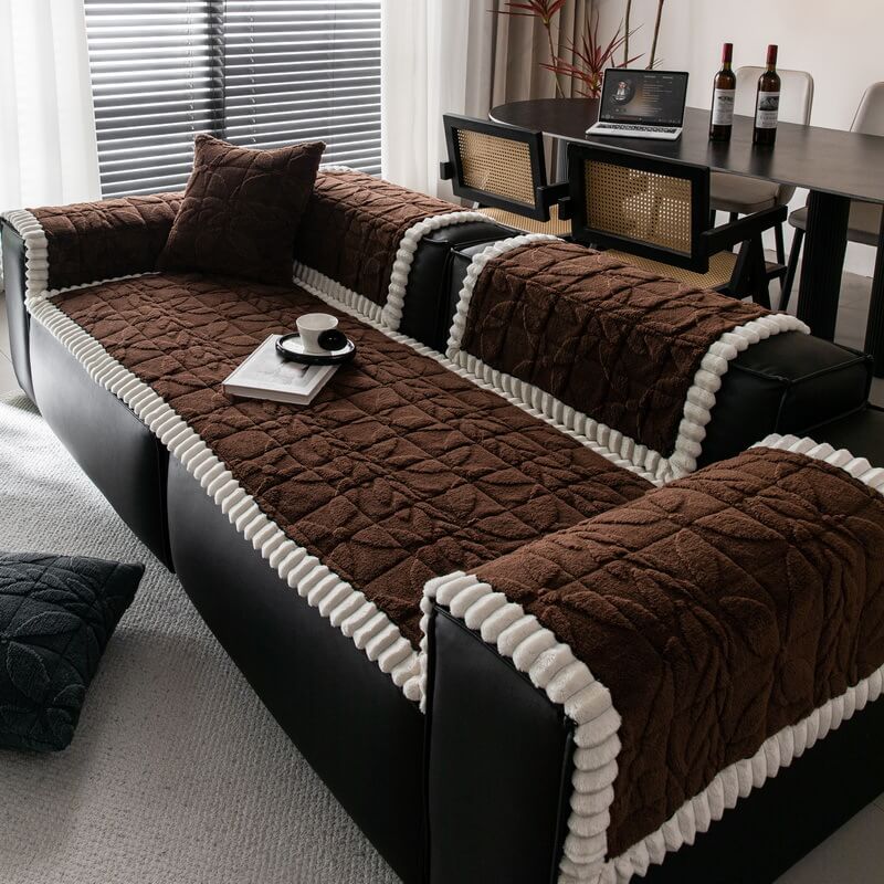 Thickened Short Plush Leaf Pattern Scratch Resistant Non-Slip Couch Cover - Image 14
