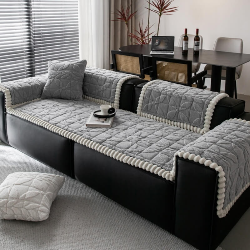 Thickened Short Plush Leaf Pattern Scratch Resistant Non-Slip Couch Cover - Image 6