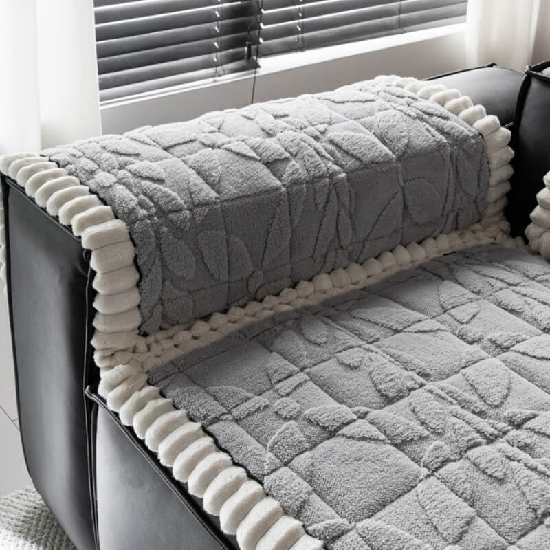 Thickened Short Plush Leaf Pattern Scratch Resistant Non-Slip Couch Cover - Image 7