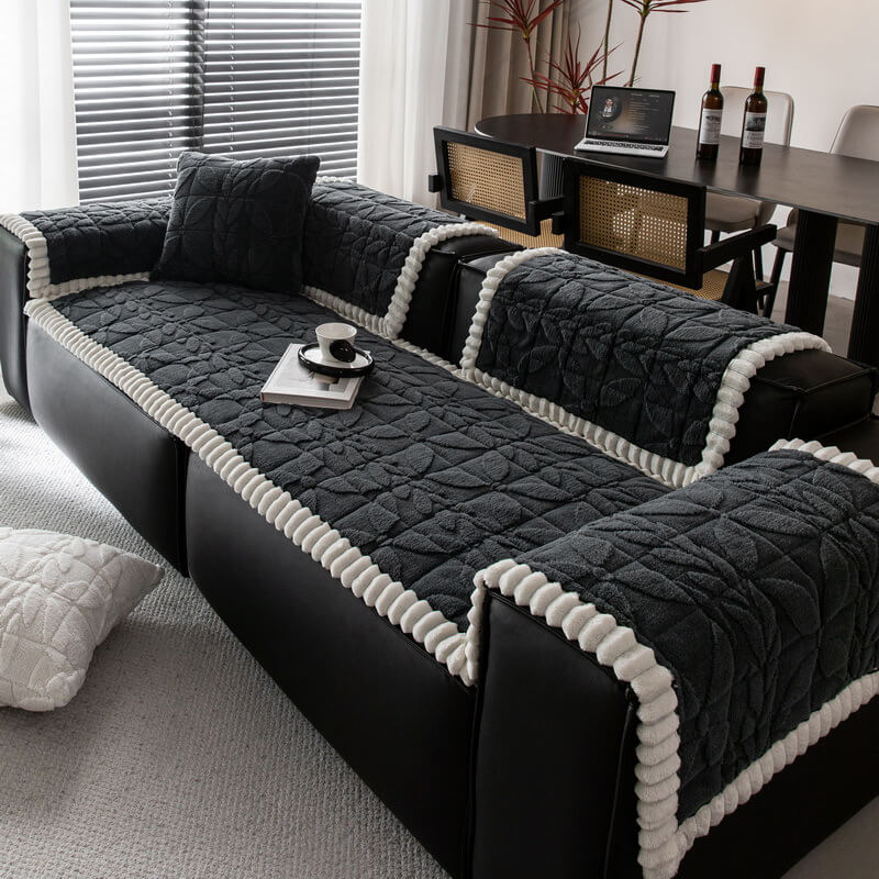 Thickened Short Plush Leaf Pattern Scratch Resistant Non-Slip Couch Cover - Image 9