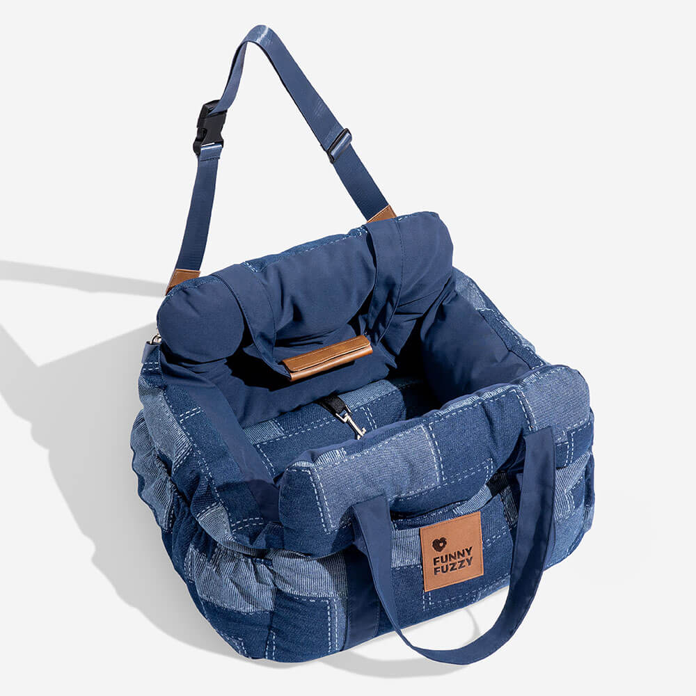 Travel Safety Bolster Vintage Denim Patchwork Dog Car Seat Bed - Image 12