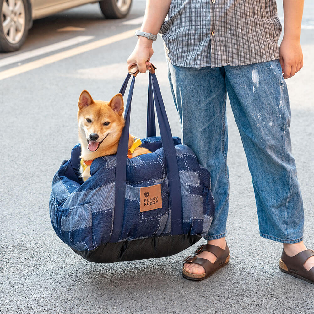 Travel Safety Bolster Vintage Denim Patchwork Dog Car Seat Bed - Image 3