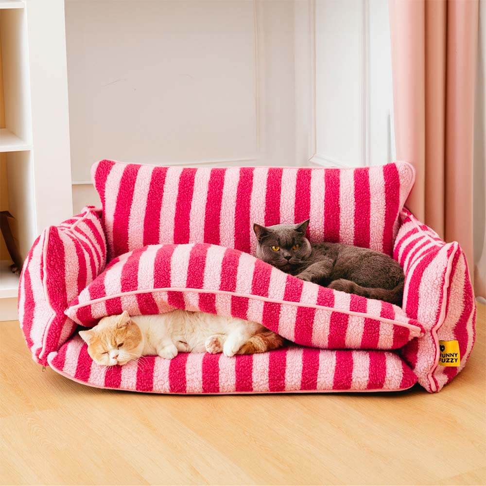 Trendy Striped Faux Lambswool Double Layer Cat Sofa Bed - Image 10