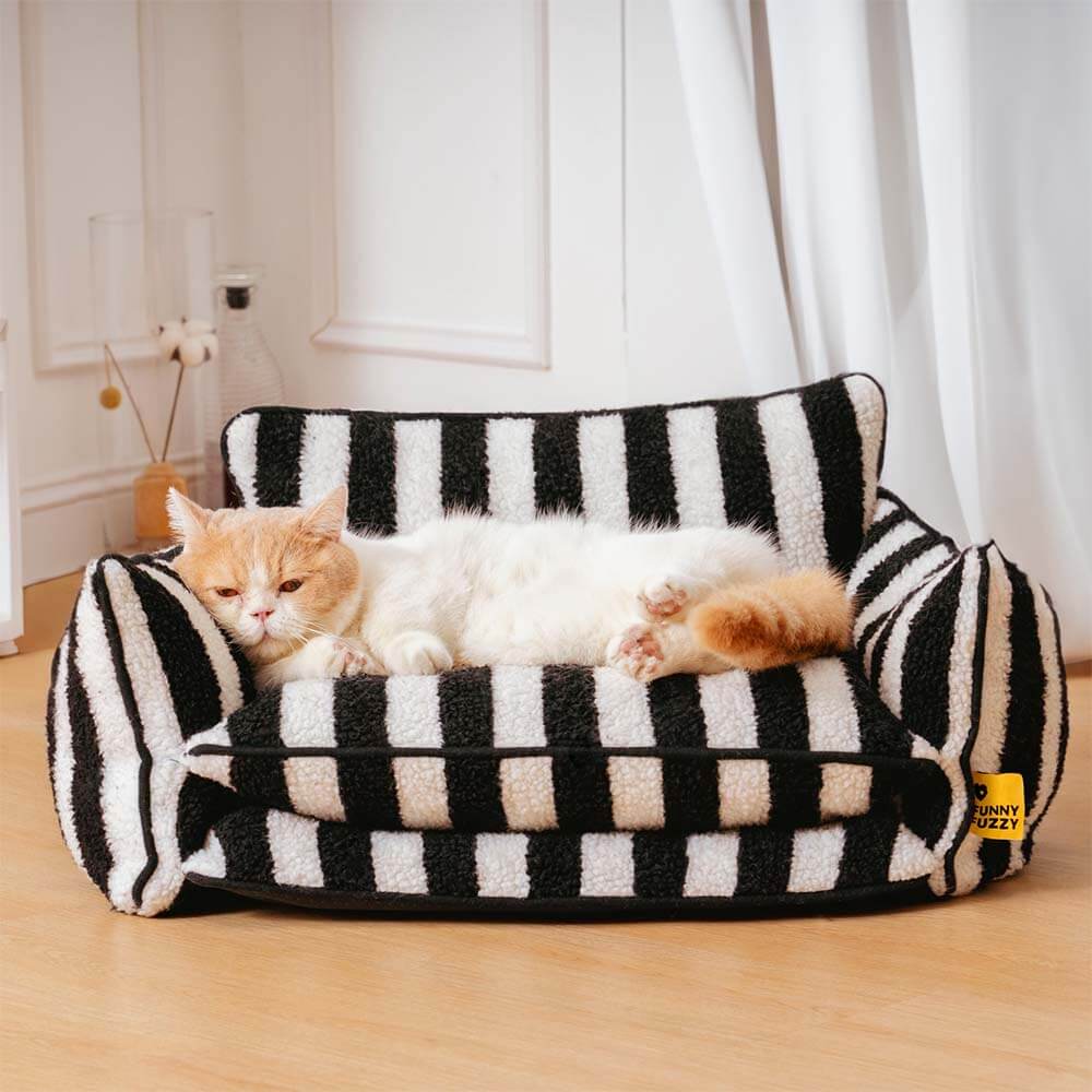 Trendy Striped Faux Lambswool Double Layer Cat Sofa Bed - Image 3