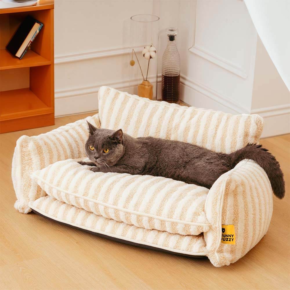 Trendy Striped Faux Lambswool Double Layer Cat Sofa Bed - Image 8