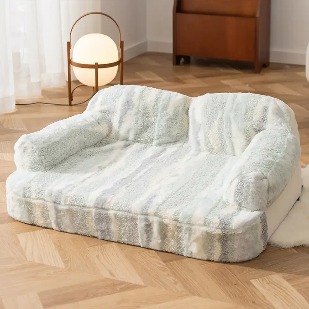 Trendy Tie-Dye Faux Lamb Wool Spine Protection Snuggly Dog Sofa Bed - Image 10