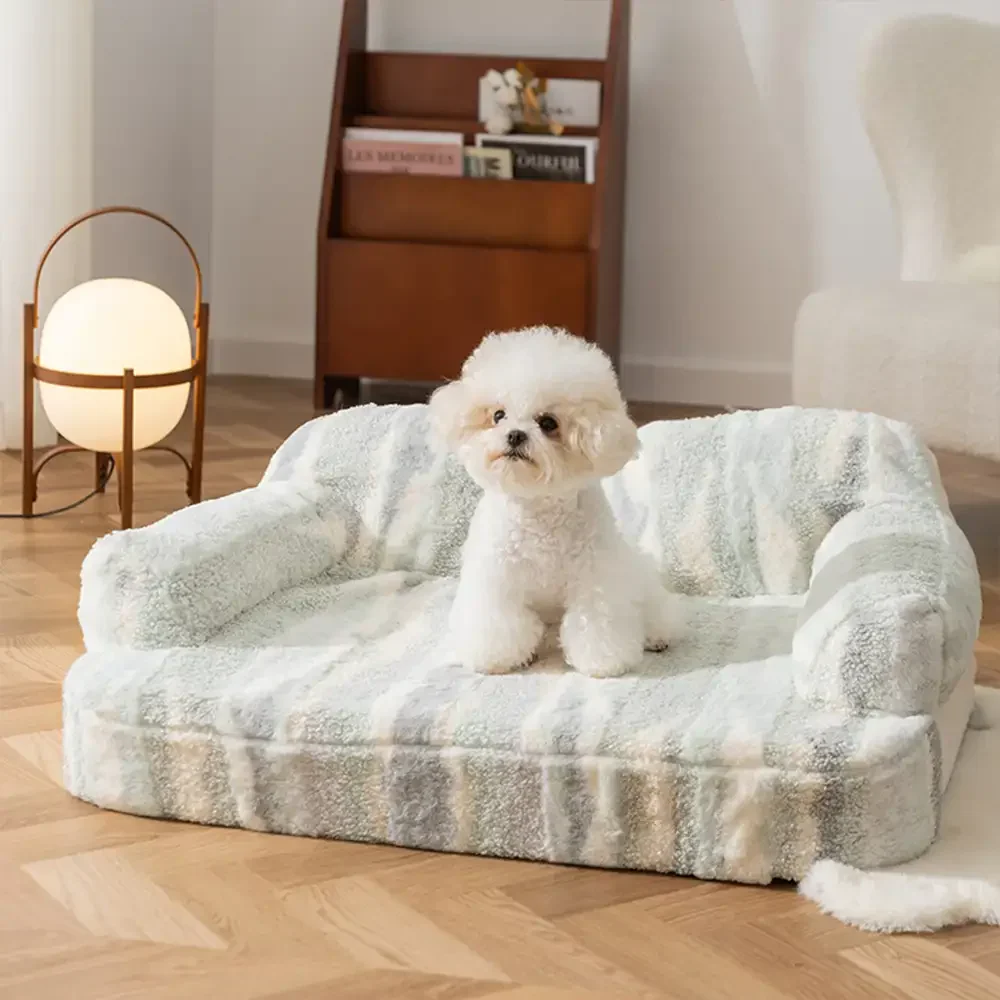 Trendy Tie-Dye Faux Lamb Wool Spine Protection Snuggly Dog Sofa Bed - Image 2