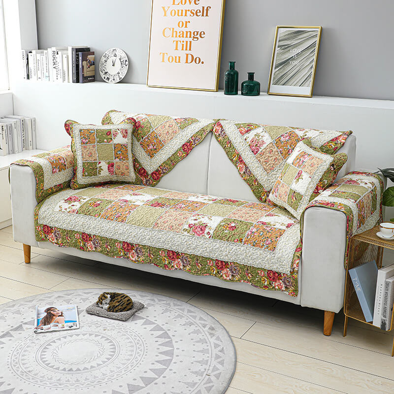 Vintage Flower Plaid Cotton Couch Cover - Image 7