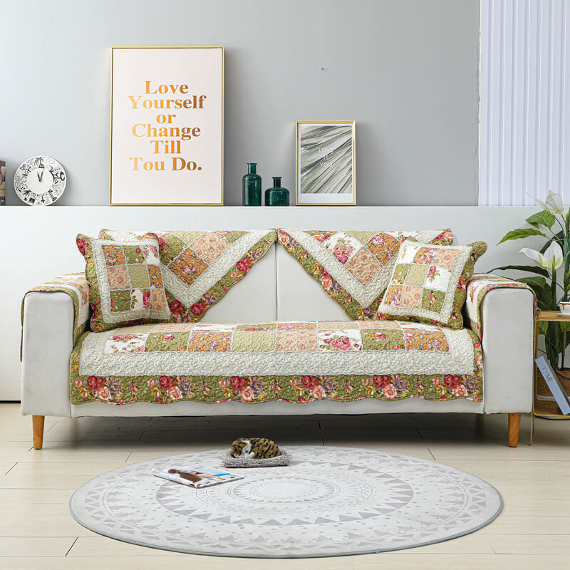 Vintage Flower Plaid Cotton Couch Cover - Image 9